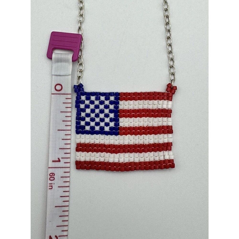 Patriotic Sterling Silver Seed Bead American Flag Necklace Red White Blue 16” - Picture 7 of 9
